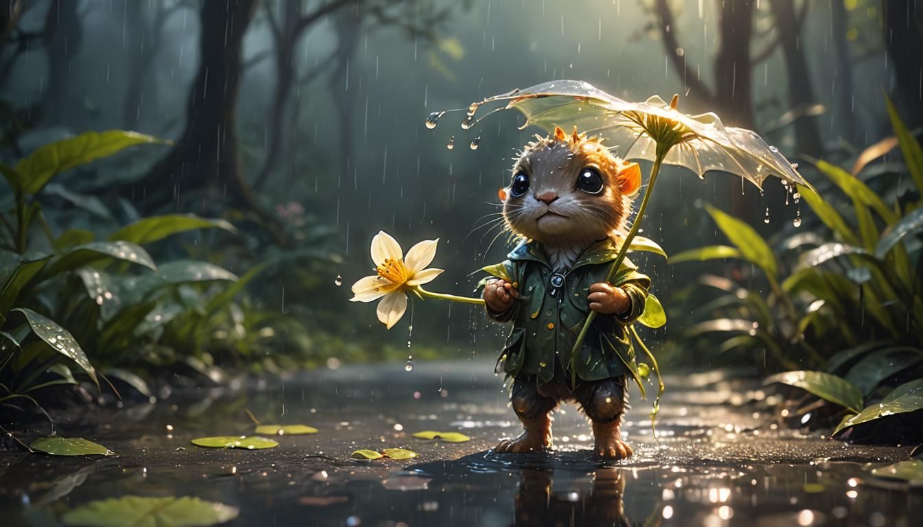 Sunlit Creature in Rainy Forest Oil Painting