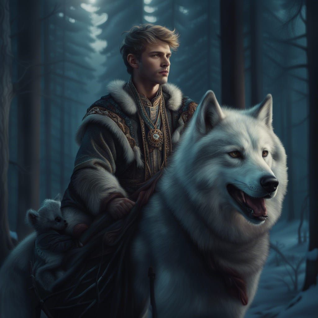 Young Man Rides Grey Wolf Through Pine Woods