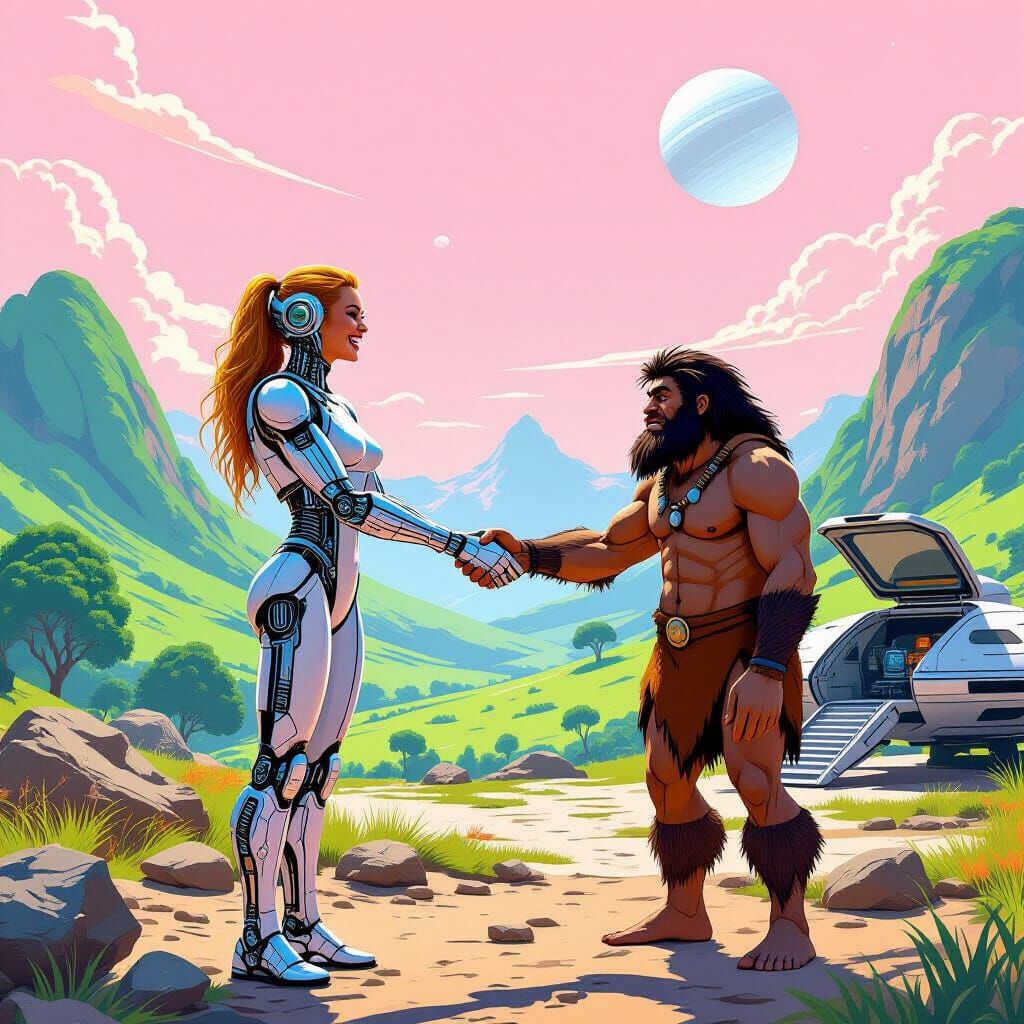 Cyborg Meets Caveman in Alien Landscape