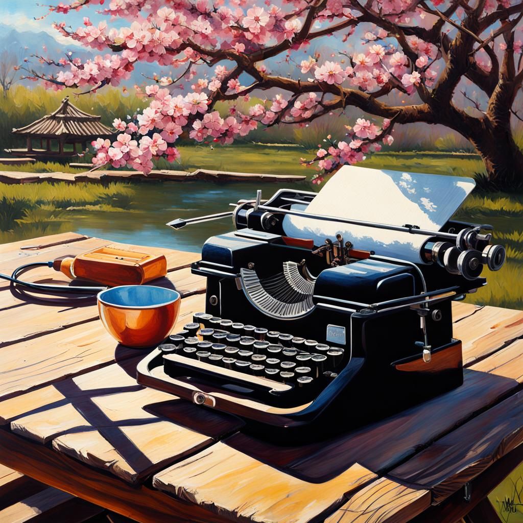 Typewriter Under Plum Blossoms: Oil Painting