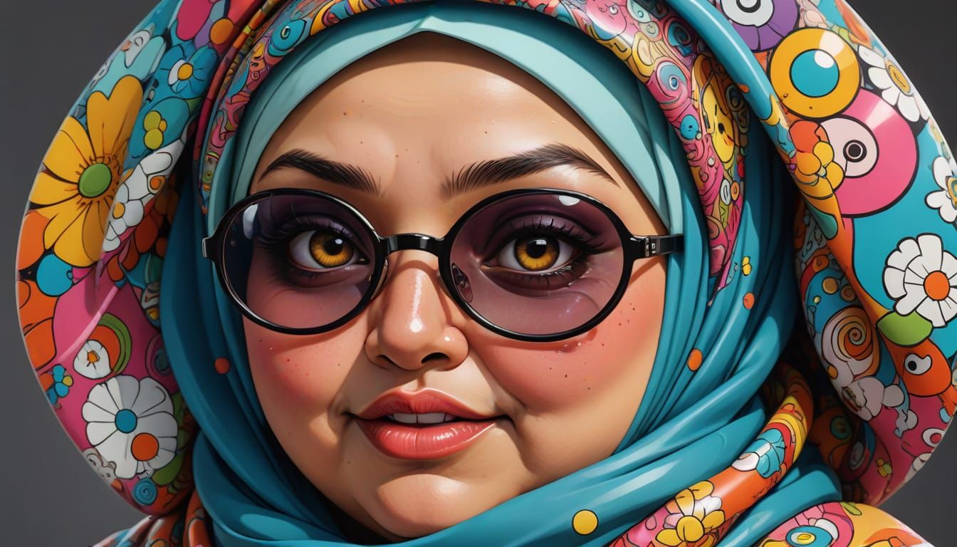 Vibrant Anime Caricature of a Fat Woman with Hijab and Mole
