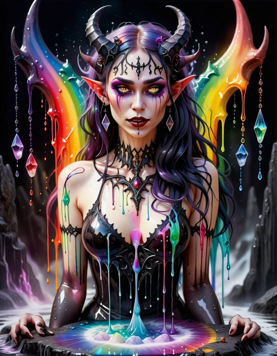 Gothic Demoness with Rainbow Liquid, Watercolour Art