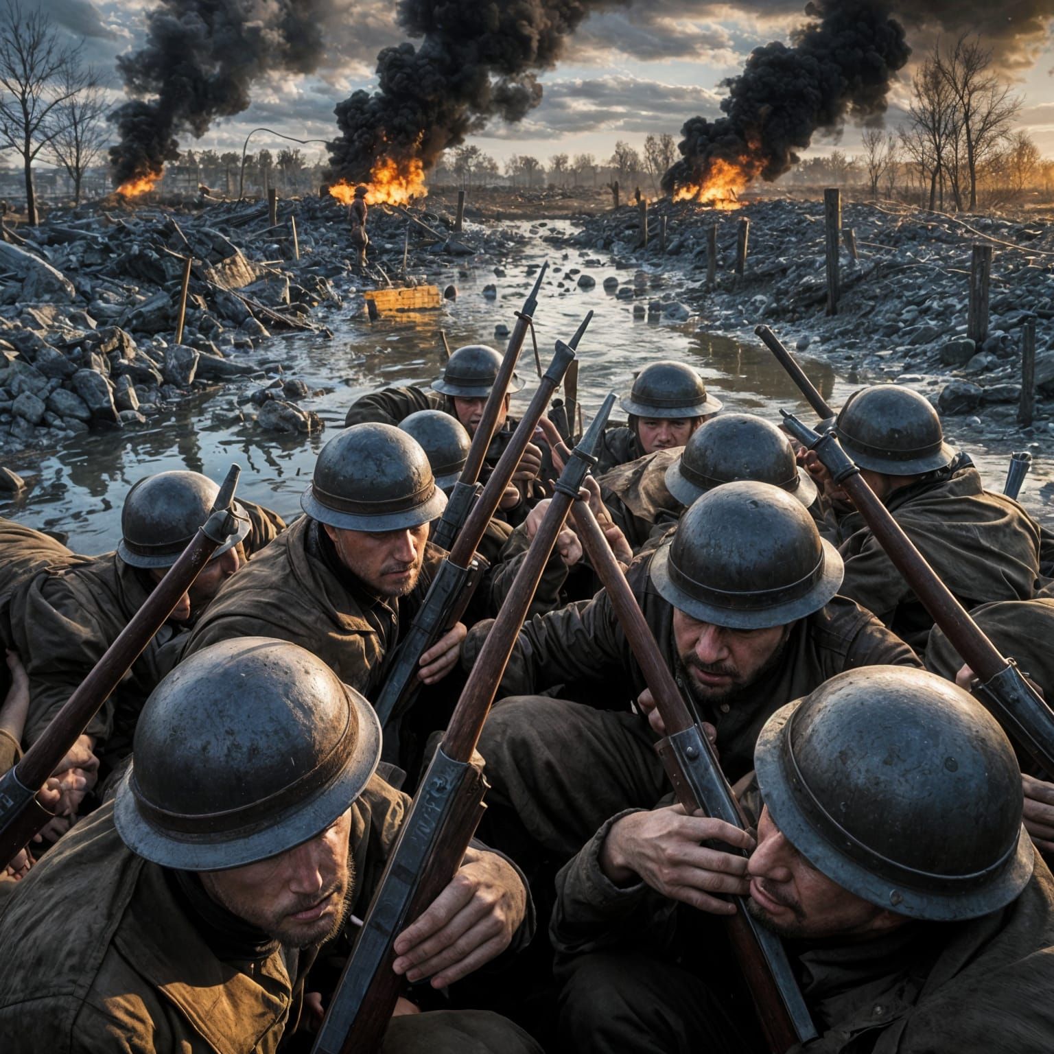 Trench Warfare in World War I: Exhausted Soldiers in Muddy T...
