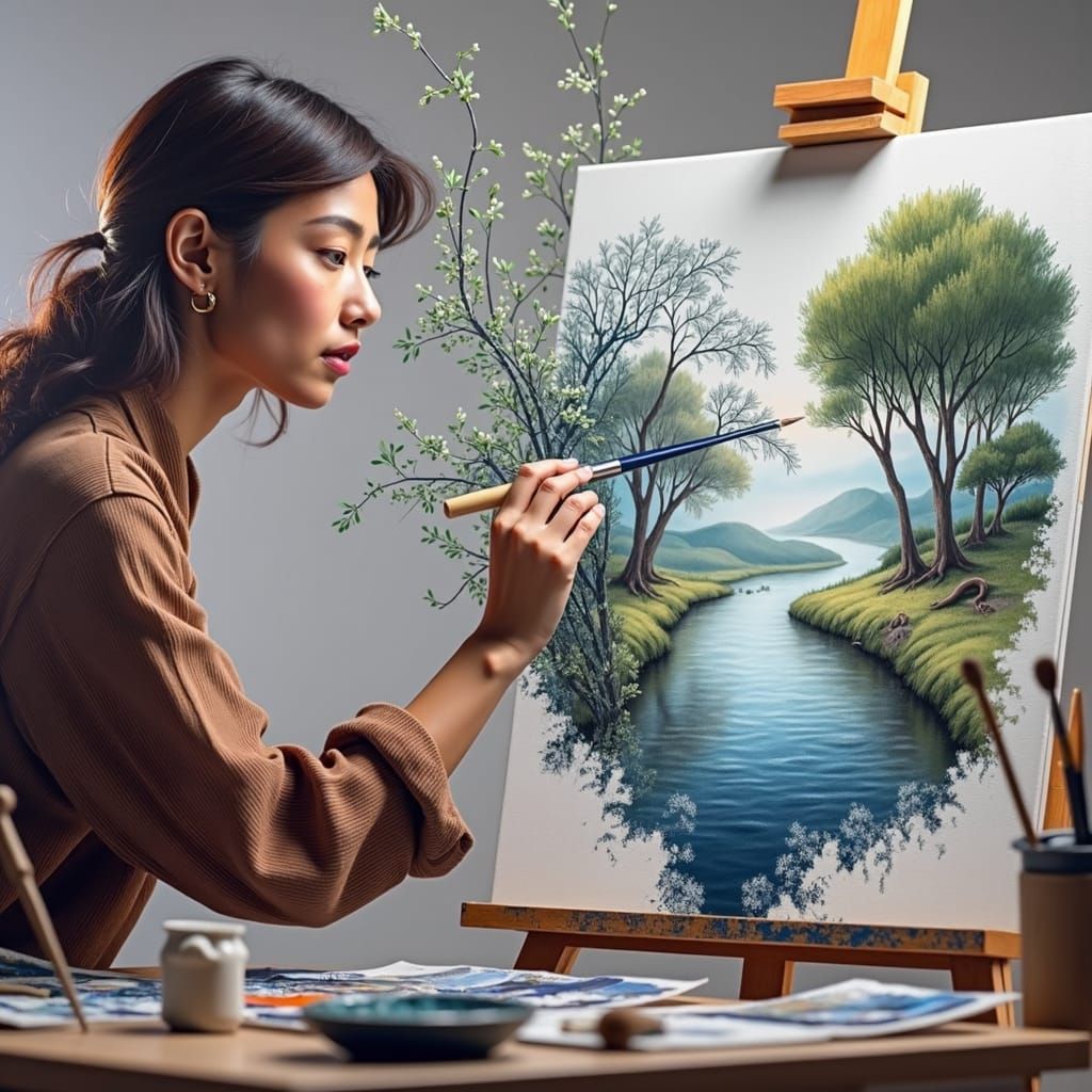 Watercolour Artist Painting 3D Landscape Scene