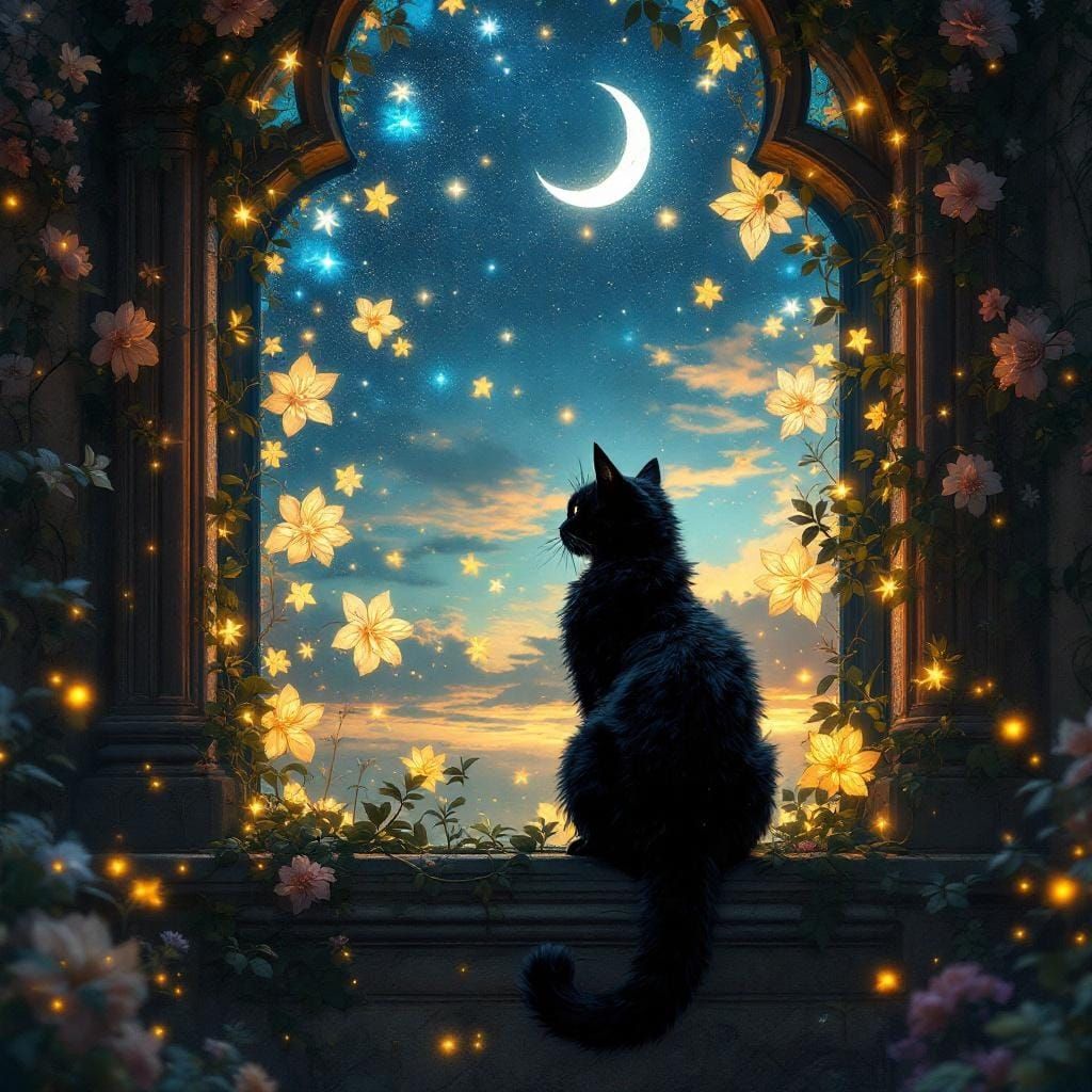 Black Cat on Stained Glass Window in Digital Art Style