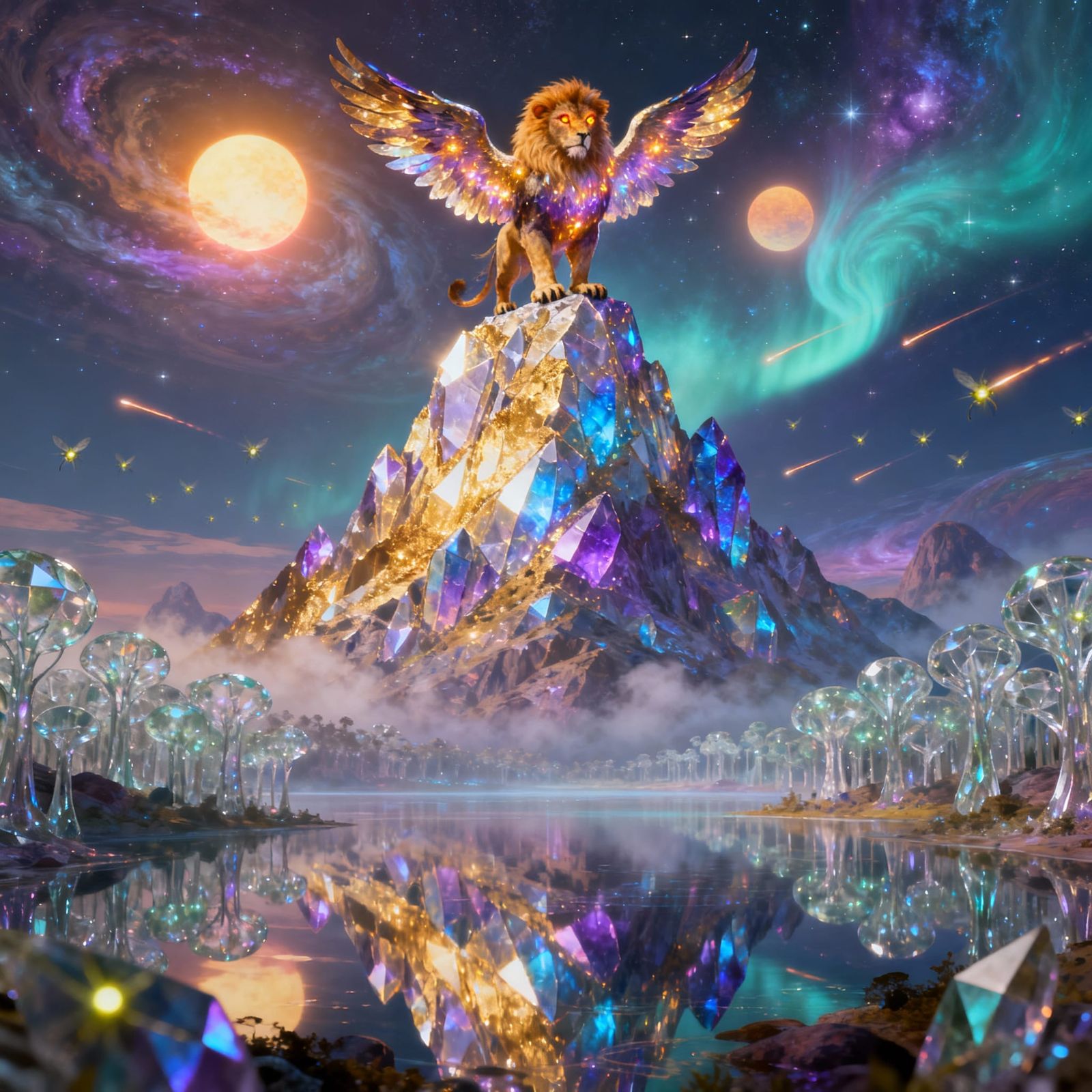 Crystalline Alien Mountain Peak with Winged Guardian