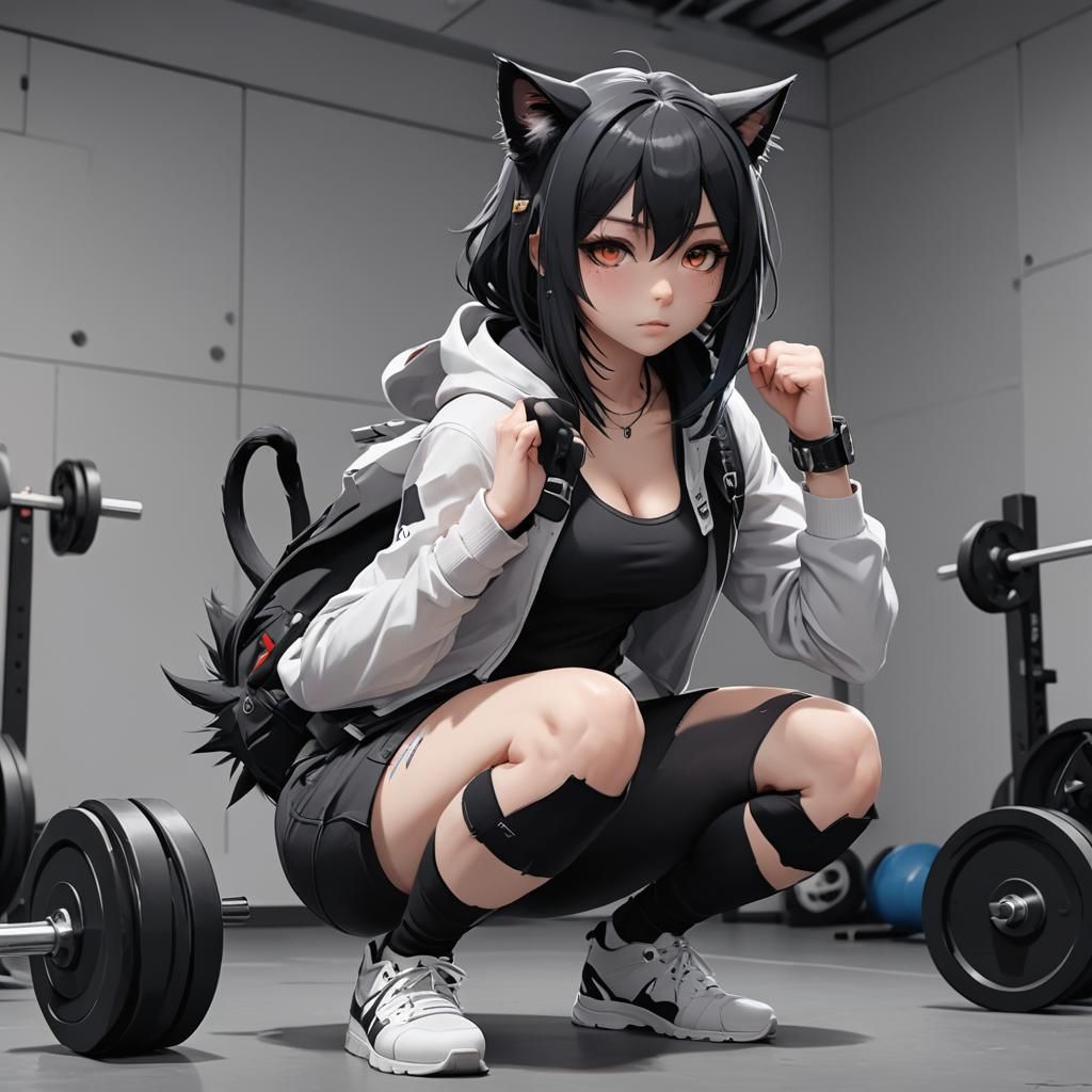 Anime Cat Girl Doing Squats in 3D