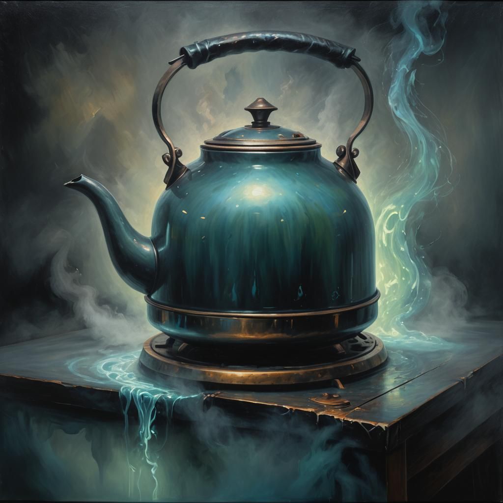 Ethereal Kettle with Runes in Surreal Oil Painting