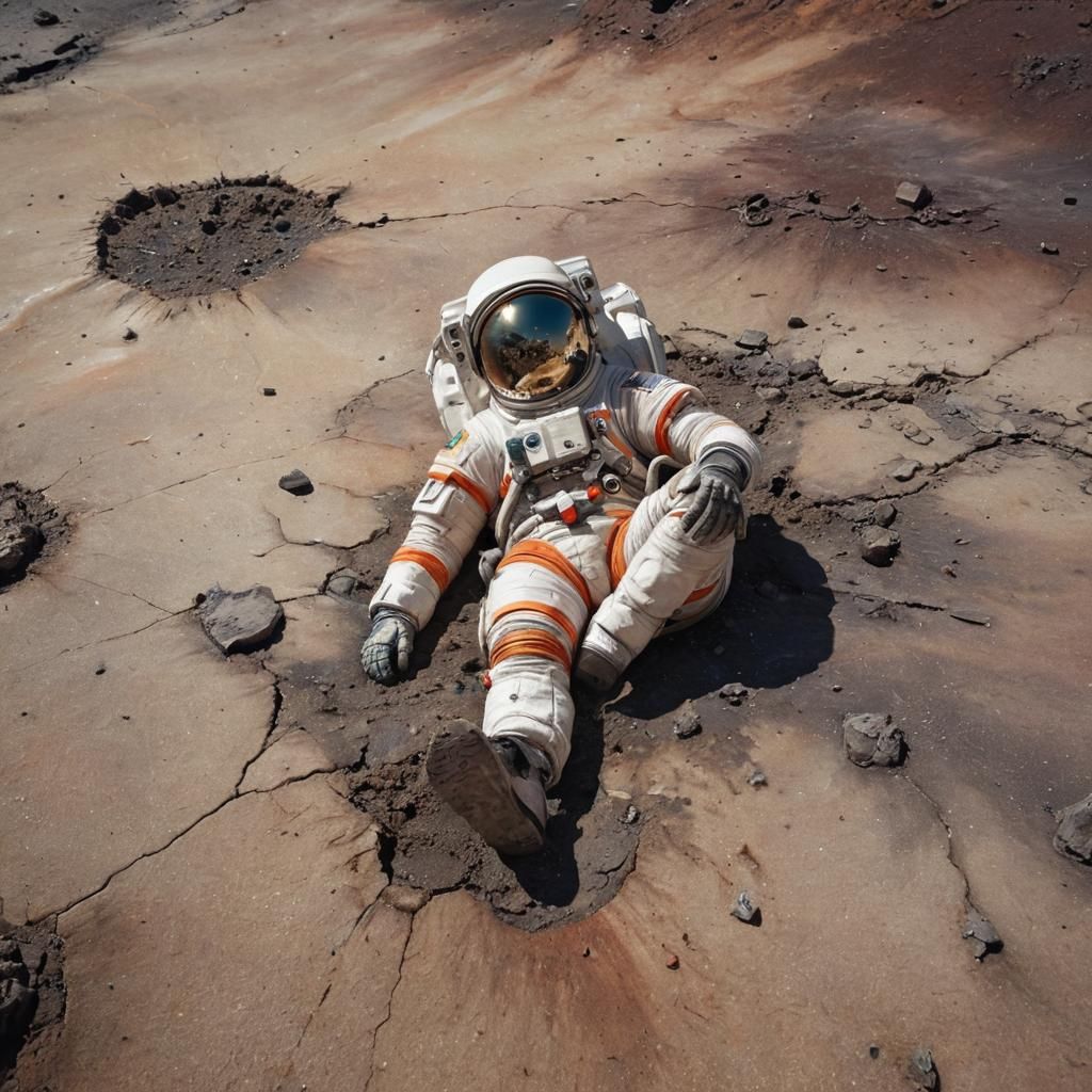 Surreal Fallen Astronaut on Alien Planet as Oil Painting