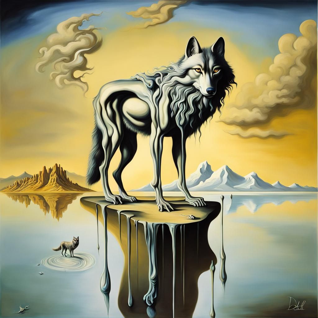 Surreal Wolf in Melting Landscape: Dali Style