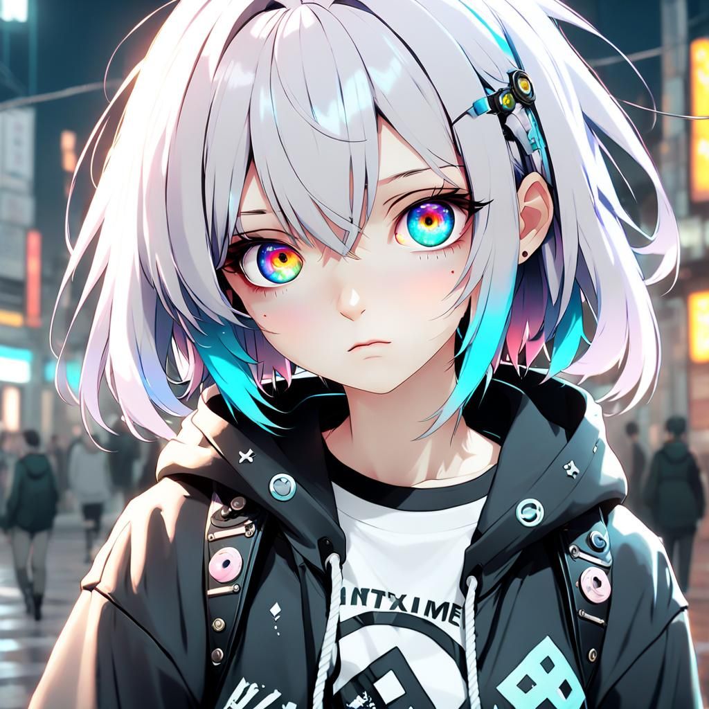 Anime Girl with Heterochromia in Grungy Style