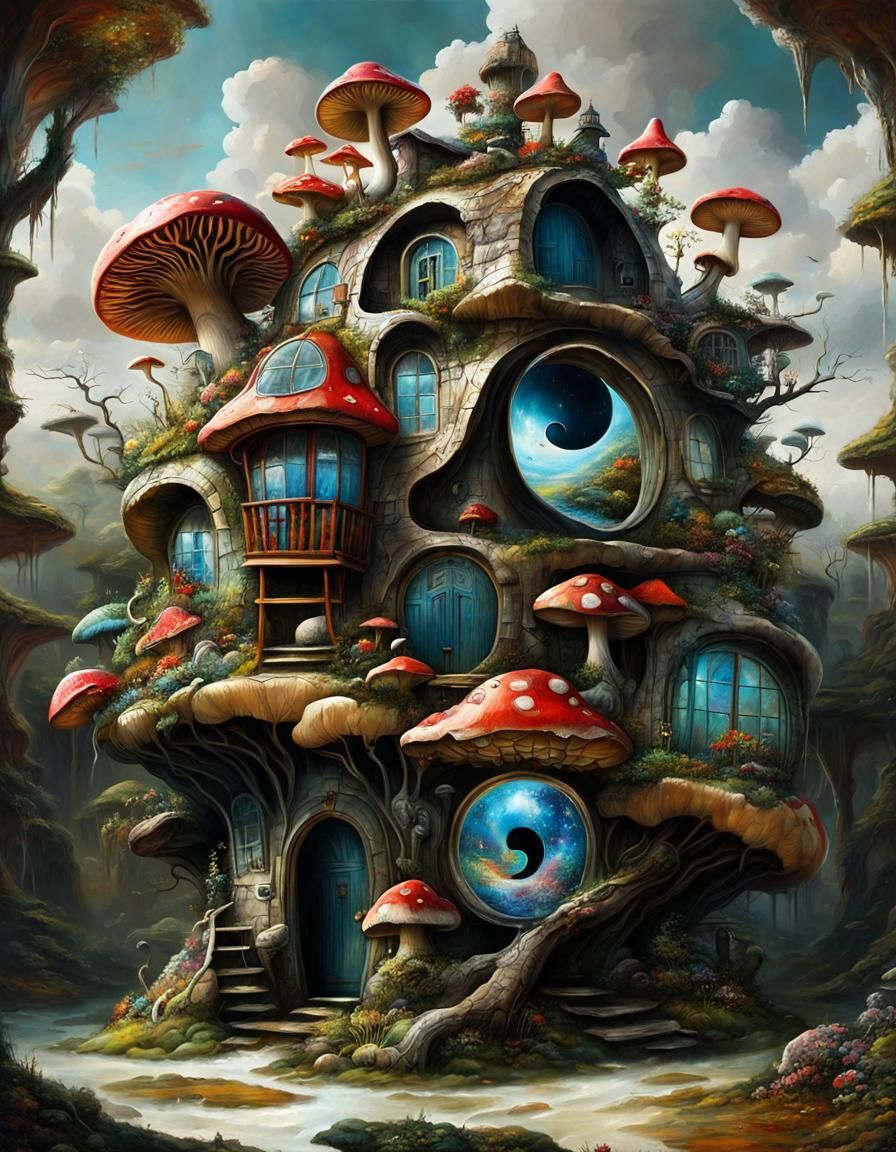 Surreal Mushroom Stargate Scene in Impasto Style