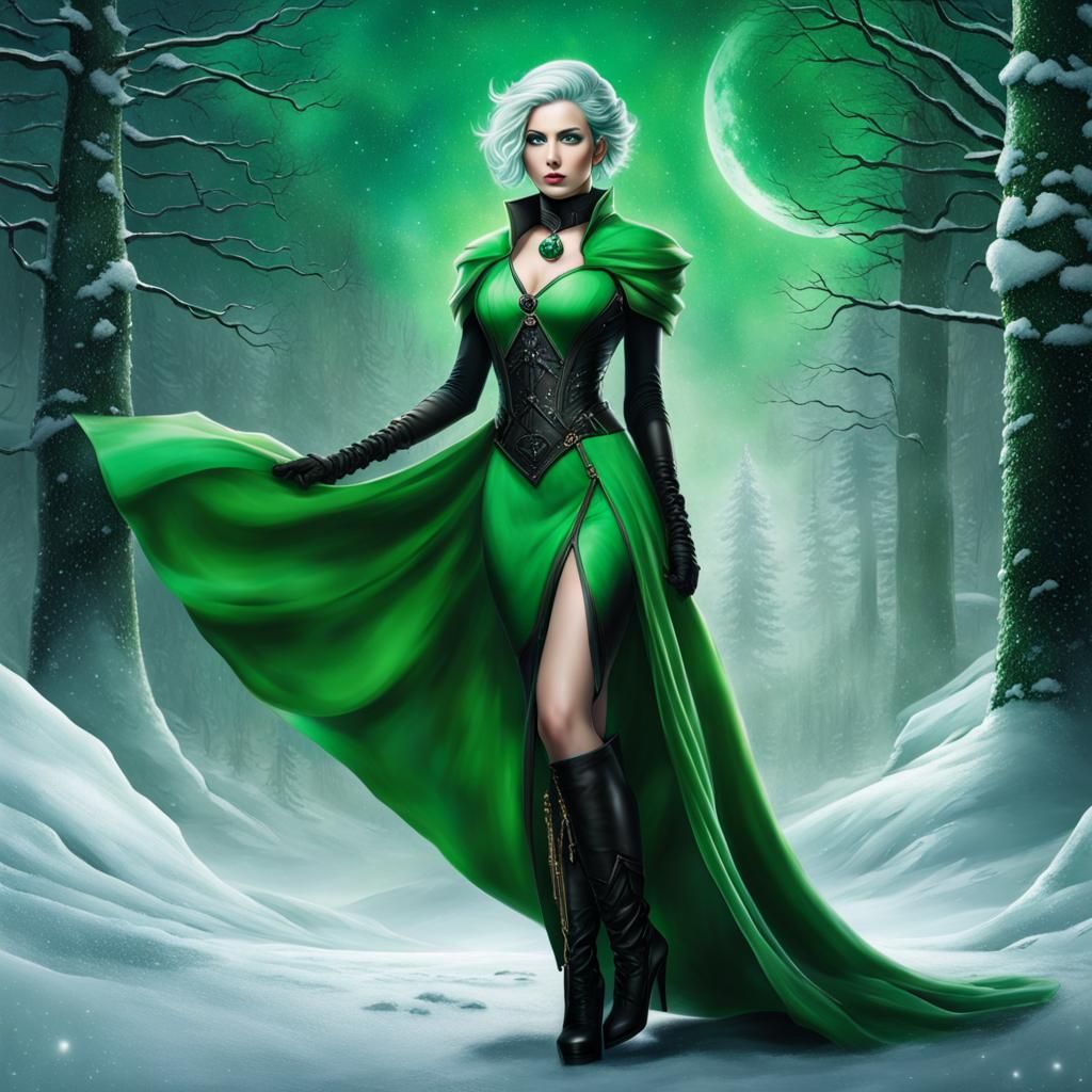 Futuristic Elf Portrait with Green Hair and Dress