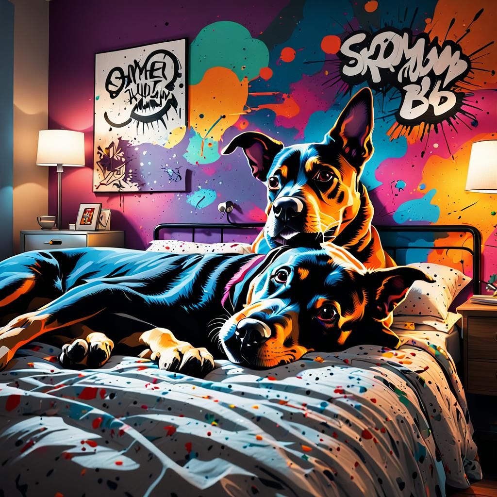Dog and Owner Snoring in Bed: Banksy-Inspired Street Art