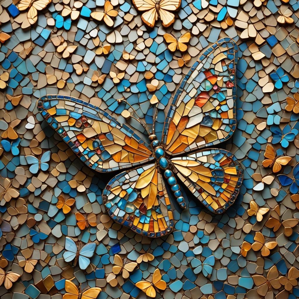 Iridescent Mosaic Butterfly on Weathered Stone