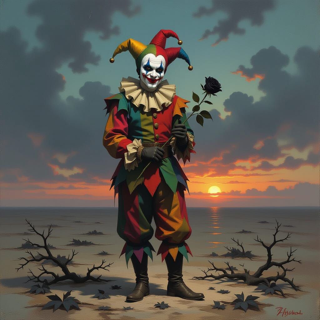 Melancholic Jester on Desolate Plain, Dark Fantasy Art