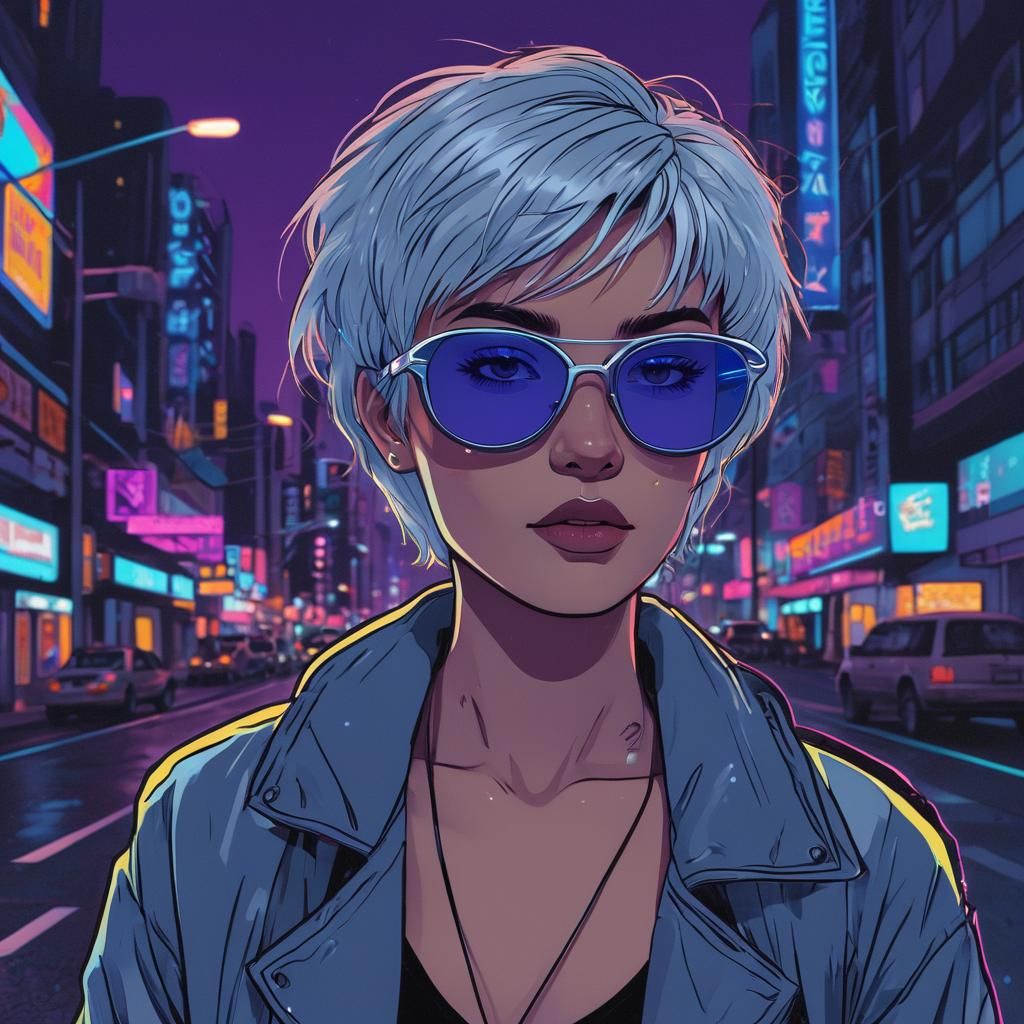 Cyberpunk Woman in Neon City, Comic Book Style