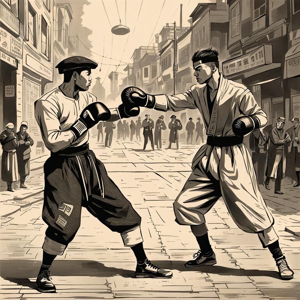 Cyberpunk Street Boxing in Newspaper Illustration Style