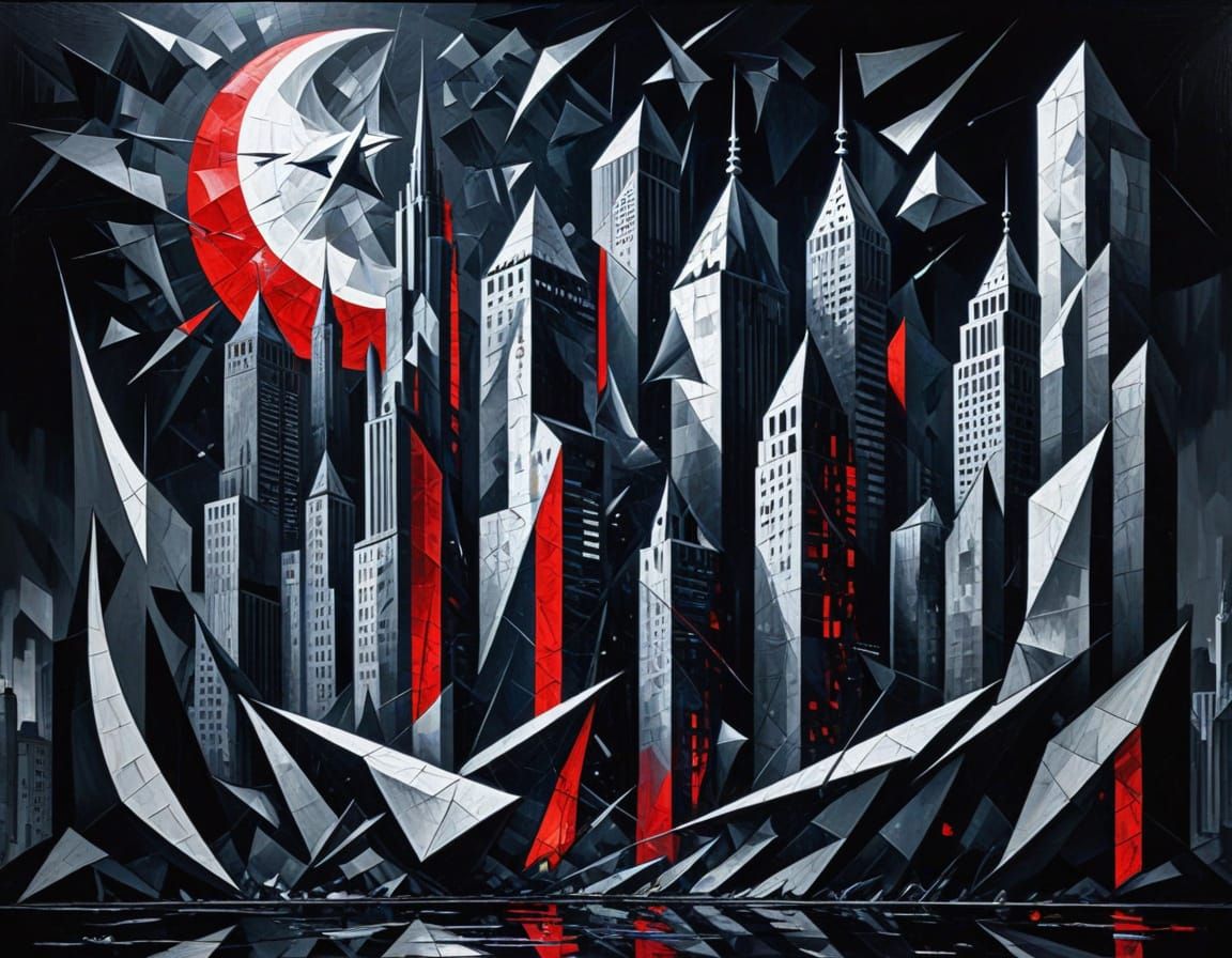 Cubist Moonlit Cityscape with Fractured Facets and Abstract ...