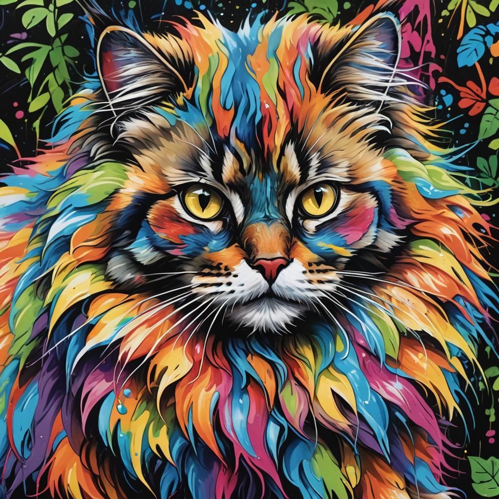Rainbow Cat Graffiti Art in Forest