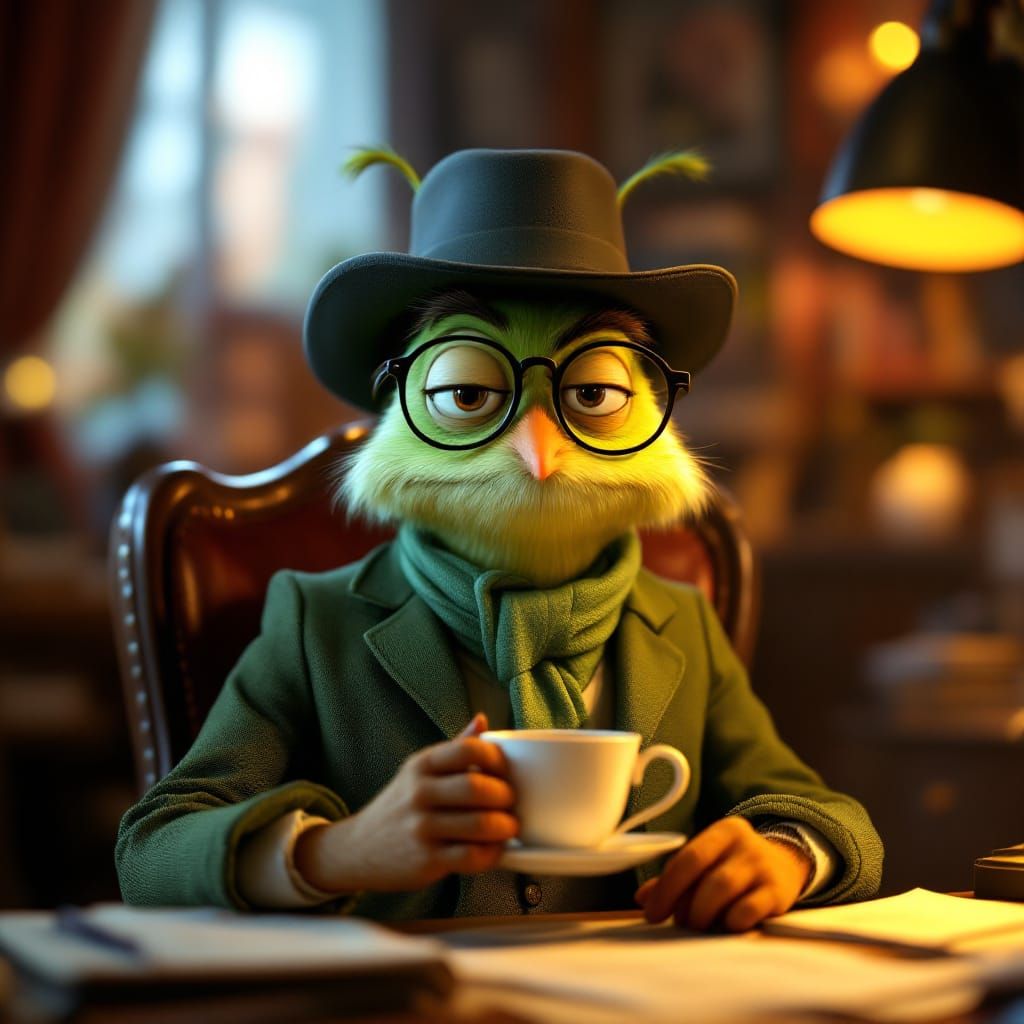3D Cartoon Cricket Character Mr Critic with Teacup