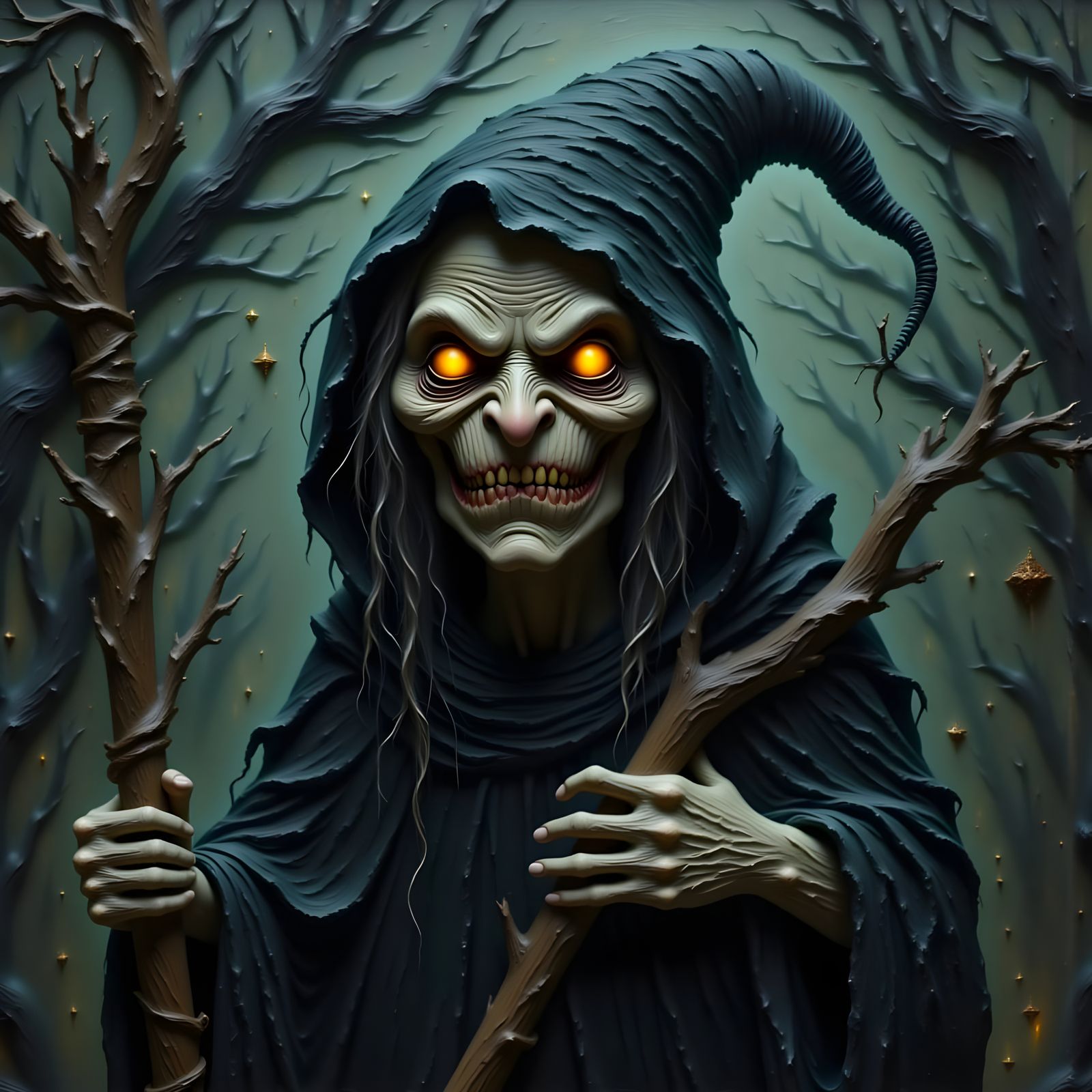 Ancient Crone in Dark, Foreboding Forest