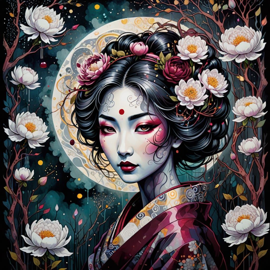 Enchanted Geisha in Burgundy Hues, with Glowing Accents and ...