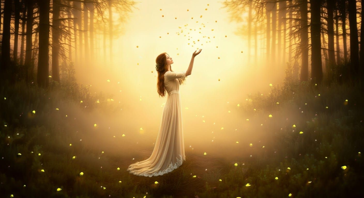 Ethereal Woman Releases Fireflies at Golden Hour