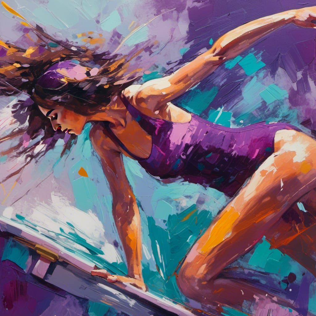 Expressionist Woman Diving into Pool, Abstract Art