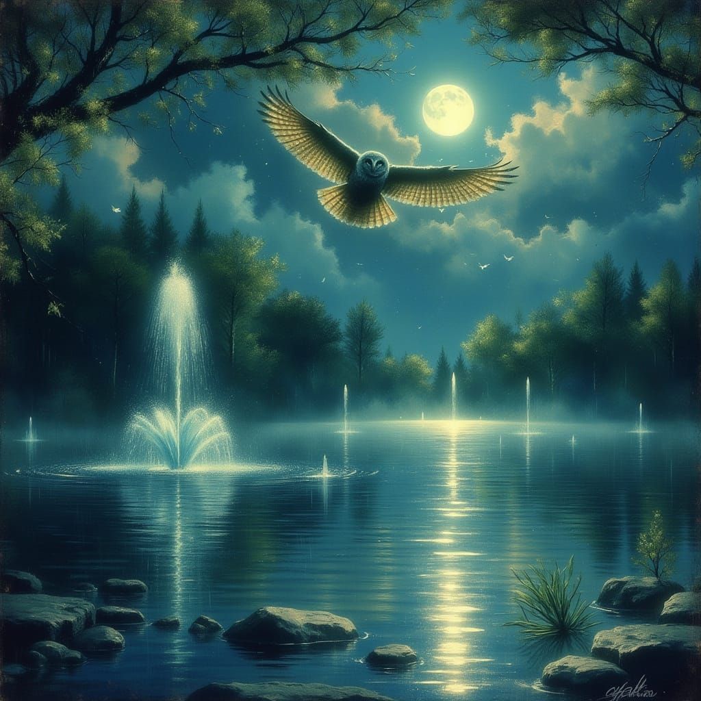 Great Horned Owl Over Moonlit Lake in Summer