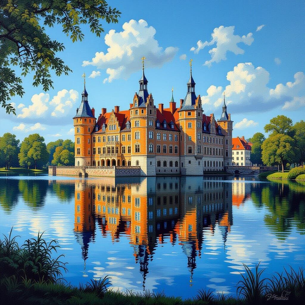 Schwerin Castle in Golden Hour Oil Painting Style