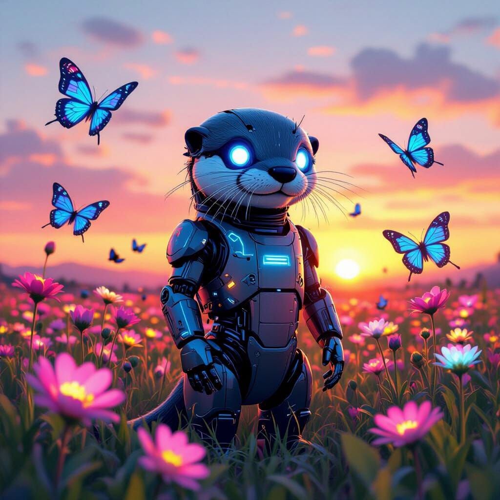 Robot Otter in Neon Field: Digital Painting