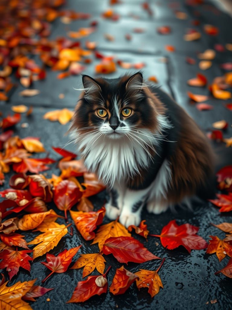 Fluffy Cat with Amber Eyes Amid Autumn Leaves
