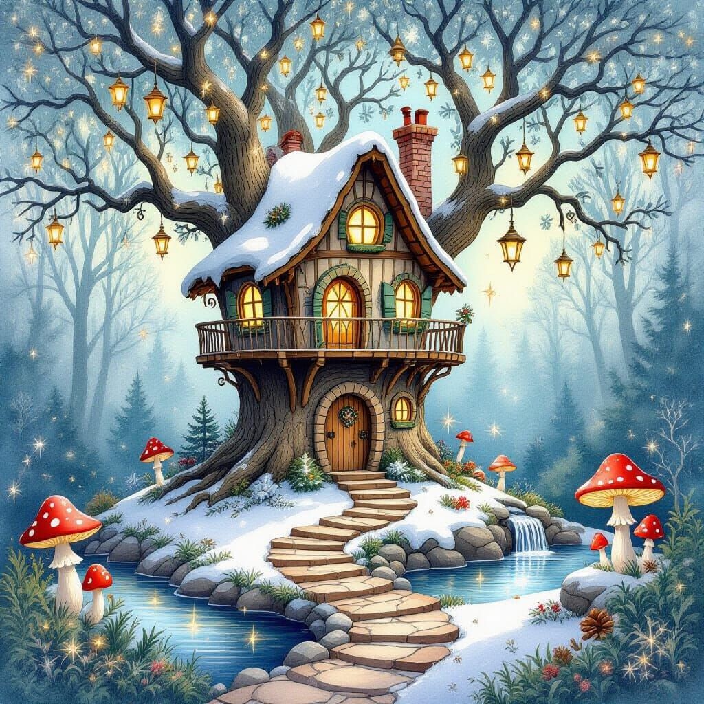 Whimsical Fairy Treehouse in Snowy Woods Watercolor Illustra...