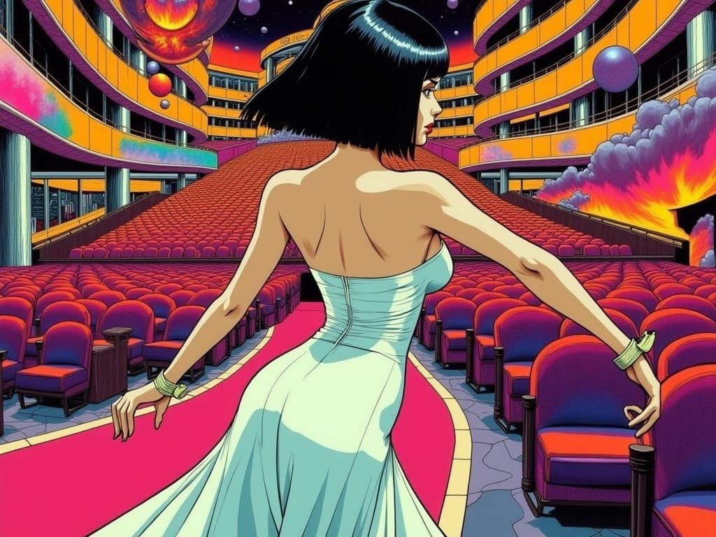 Hyperreal Leeloo Battles in a Futuristic Opera House