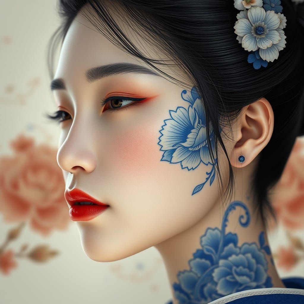 Ethereal Japanese Beauty with Cobalt Blue Porcelain Motifs