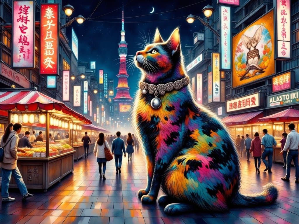 Whimsical Tokyo Nightscape with Tortoiseshell Cat