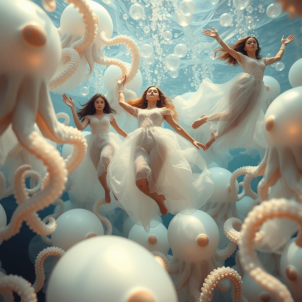 Dreamlike Scene of Models Amongst Opalescent Octopuses