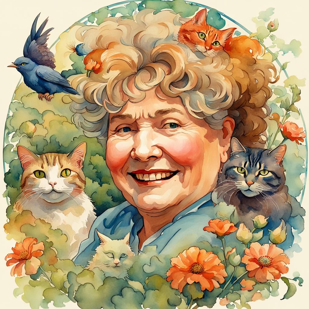 Impressionist Art Nouveau Portrait of Woman with Pets