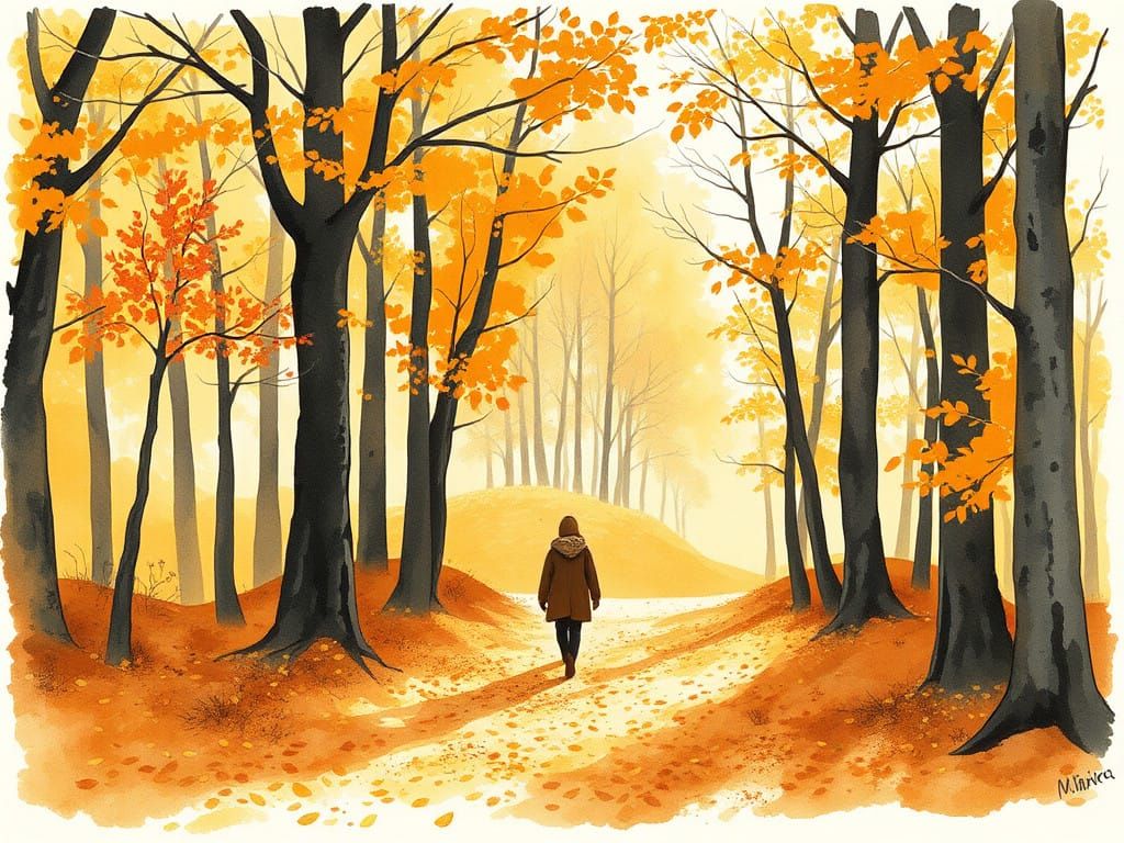 Golden Autumn Landscape with Warm Light and Fallen Leaves