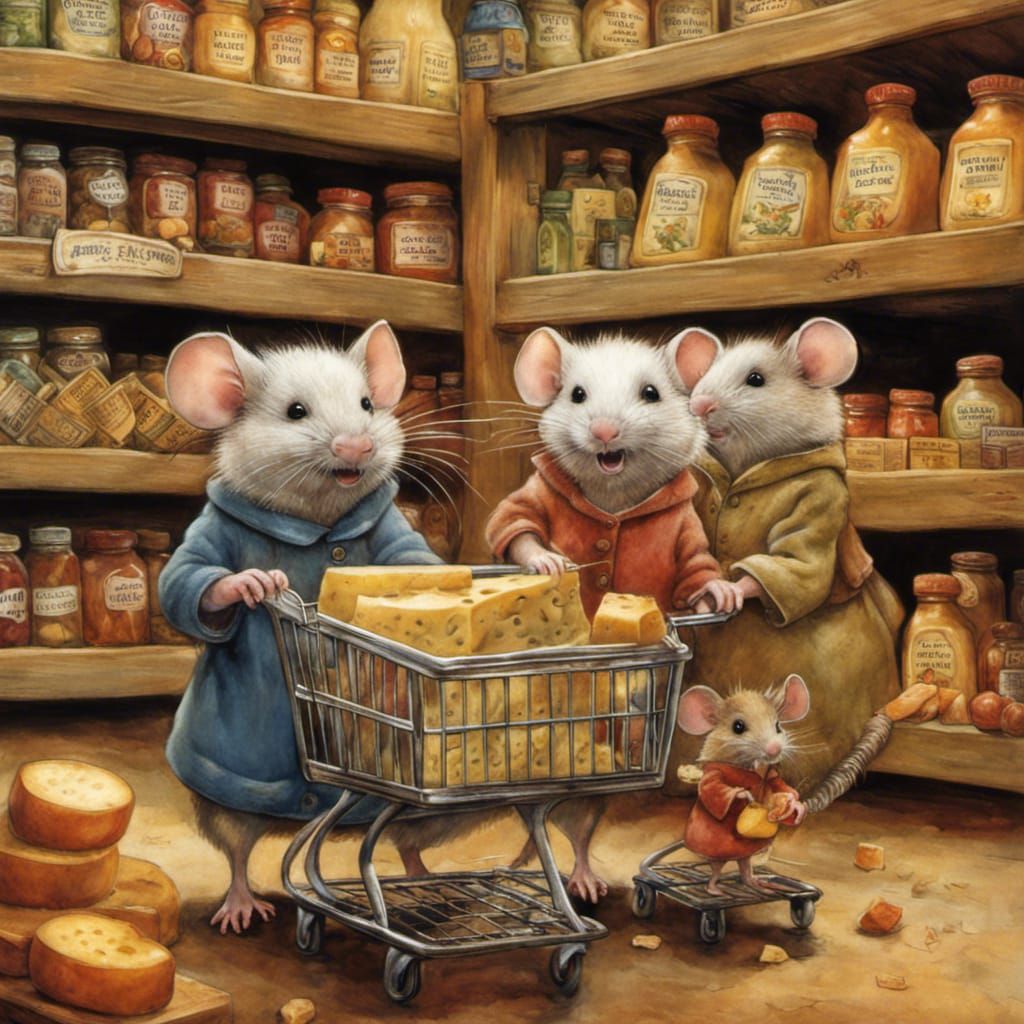 Mice Family's Supermarket Adventure: Whimsical Illustration