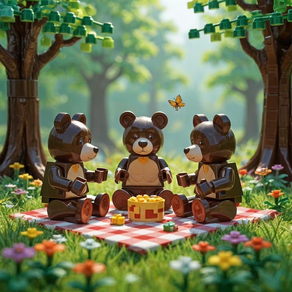 LEGO Bear Family Picnic in Lush Forest