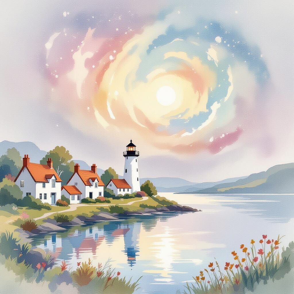 Pastel Nebula Over Lakeside Village: Minimalist Watercolor