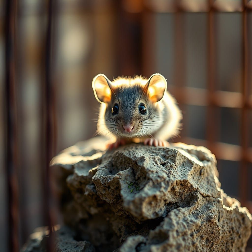 Mouse Perched on Weathered Rock in Rusty Cage