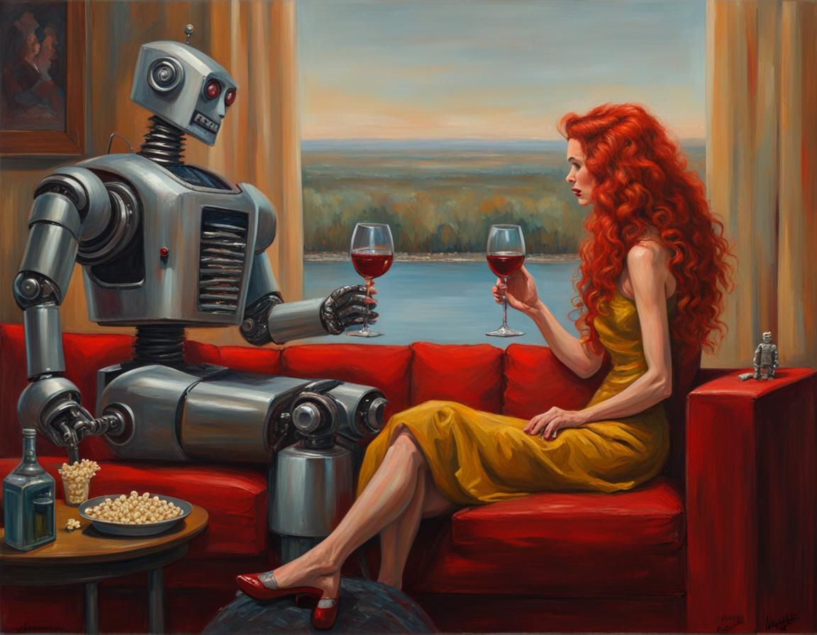 Woman and Robot Watch TV, Oil Painting