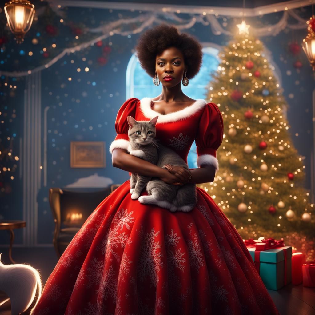 Christmas African American Lady with Kitty: Detailed Matte P...