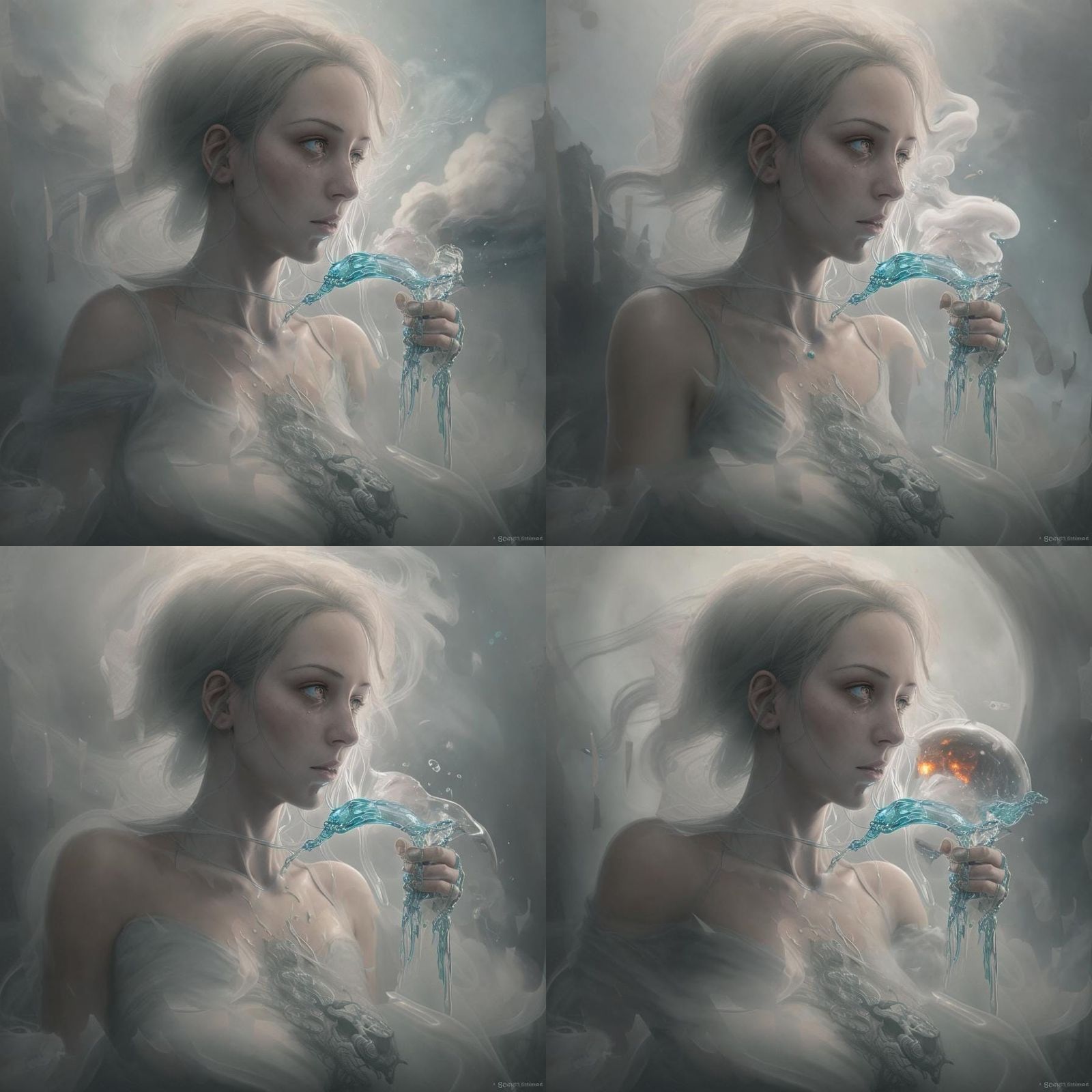 A chemical beaker with a ghostly, nebulous, fluid inside releasing vapor from the neck that turns into a beautiful woman...