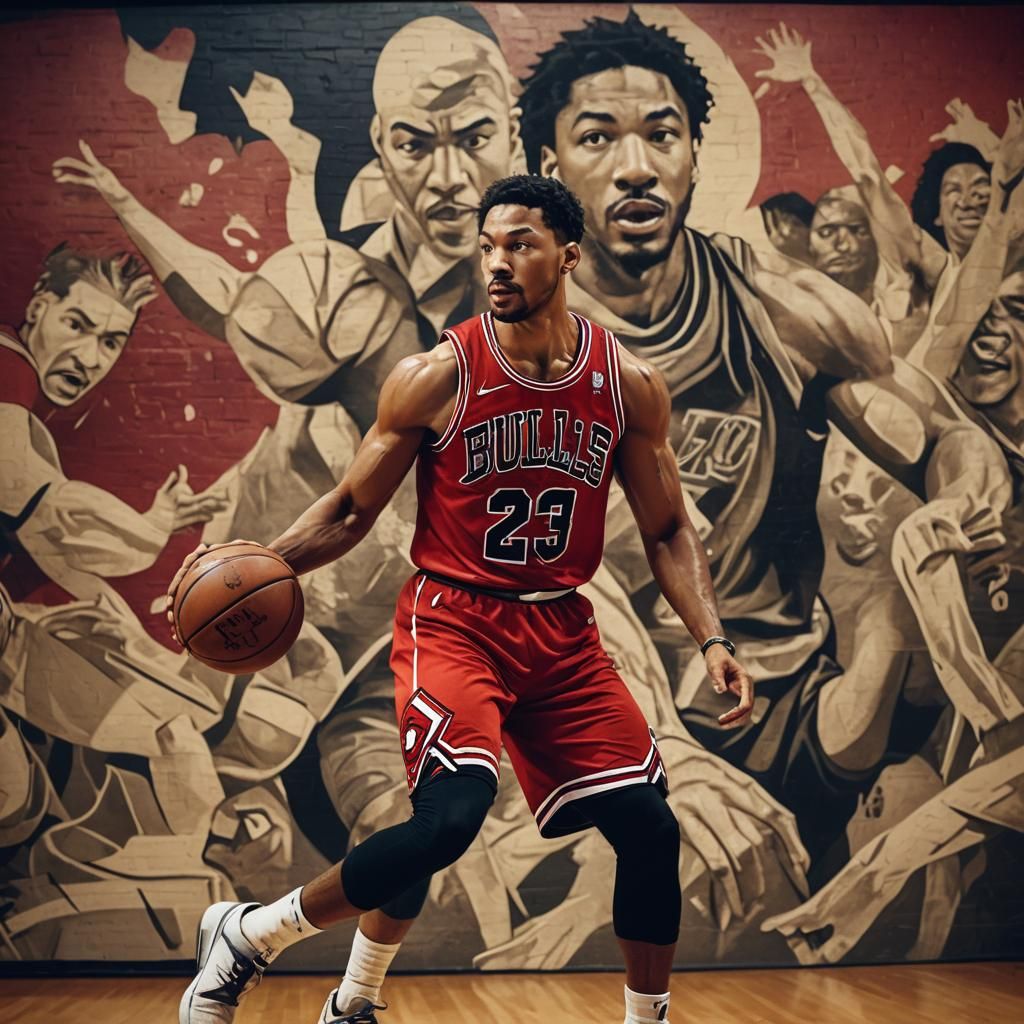 Derrick Rose Film Still with Chicago Bulls Mural