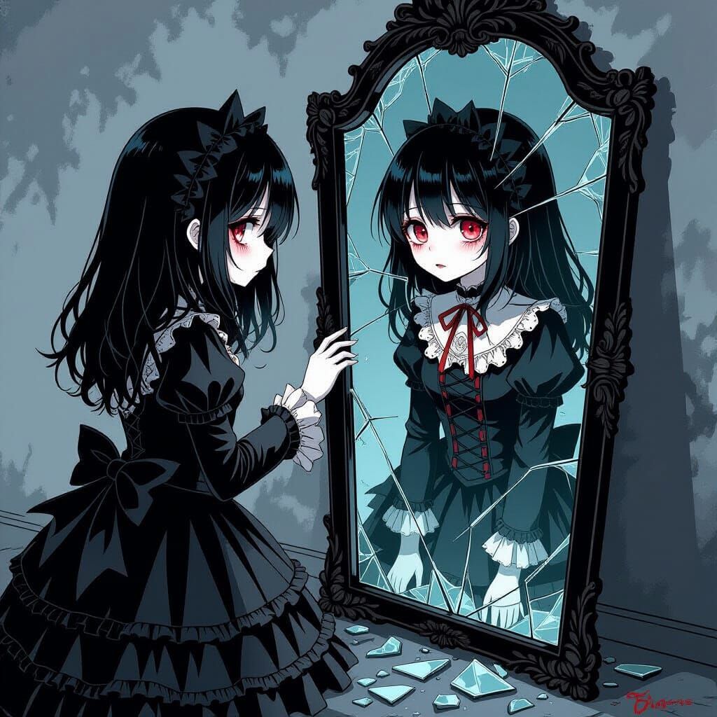 Eerie Anime Girl Gazing into Shattered Mirror