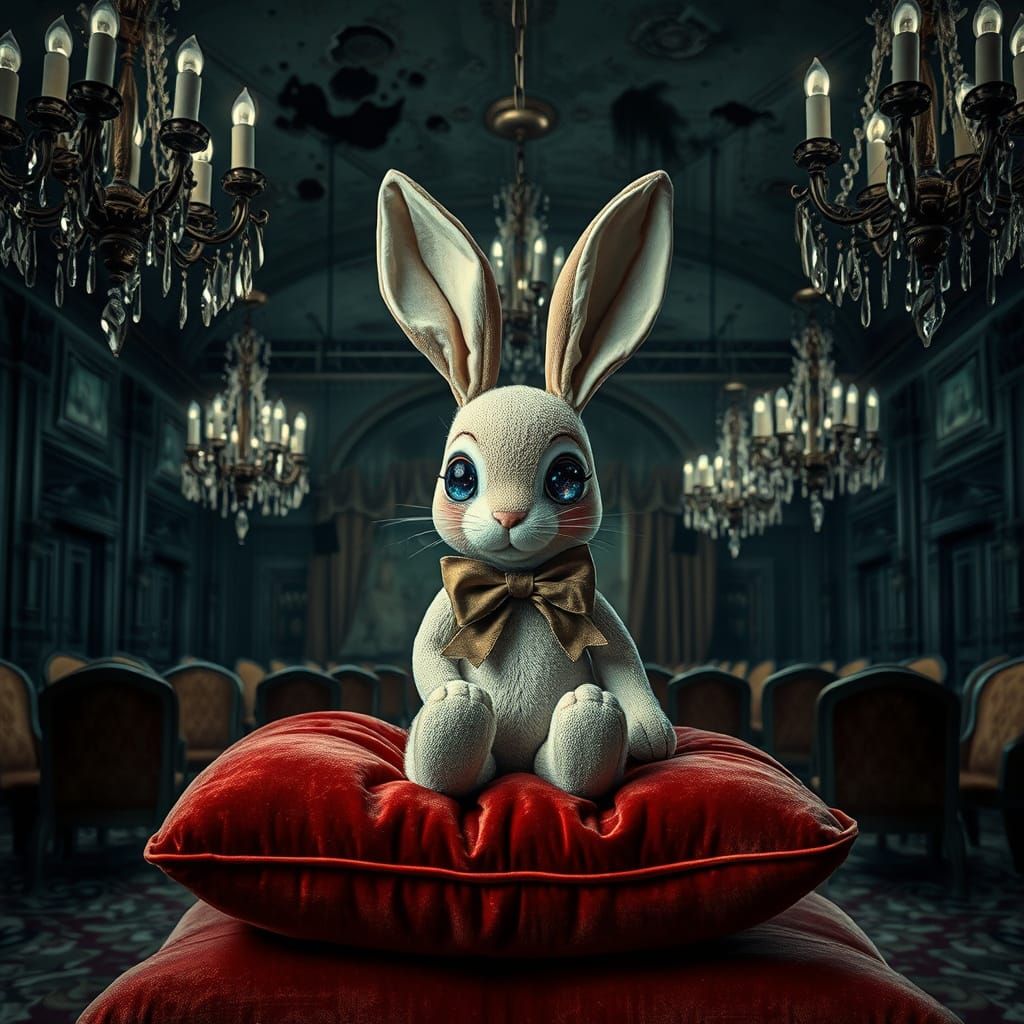 Bunny Toy with Galaxy Eyes in Decaying Ballroom